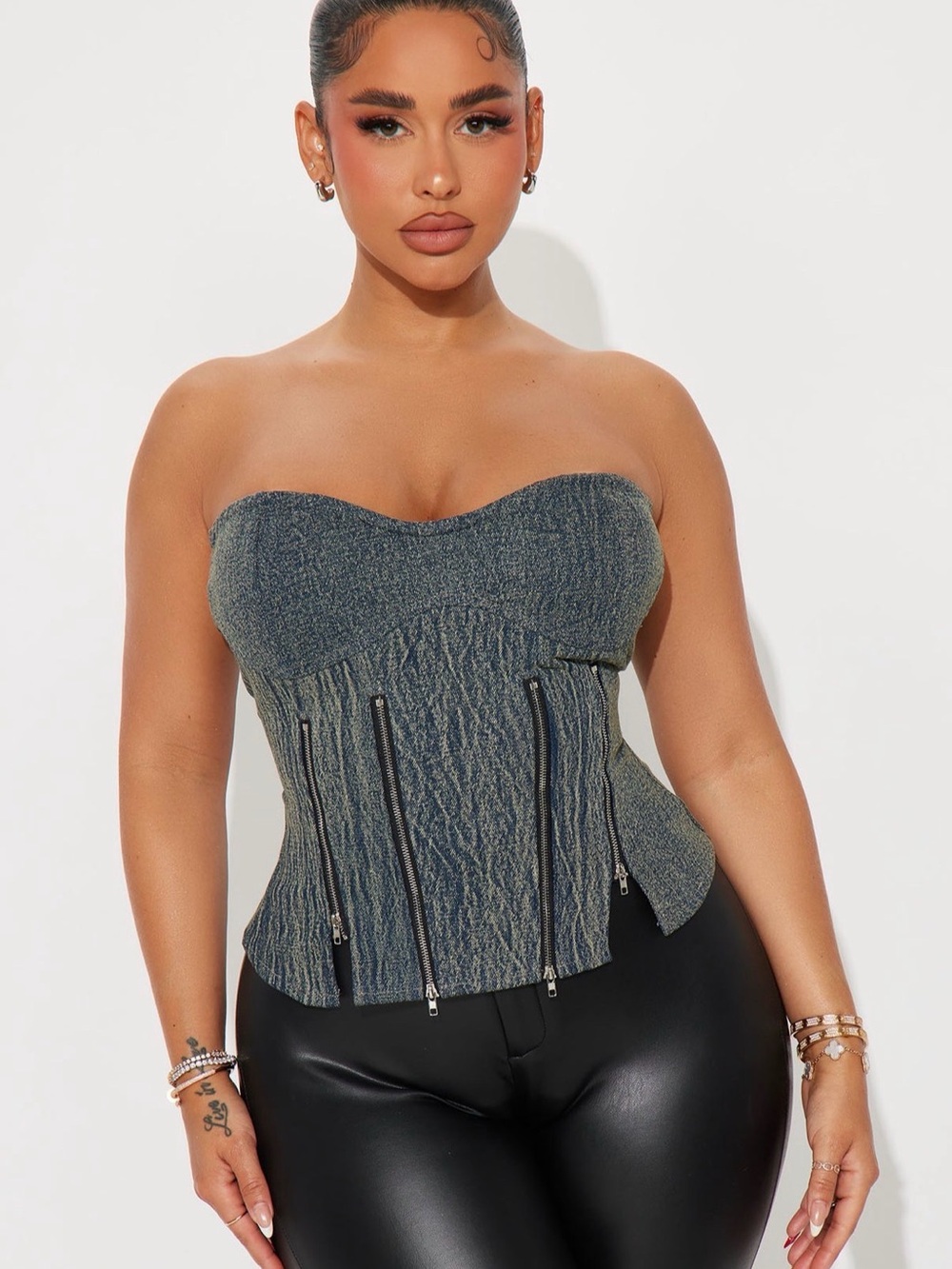 Fashion Nova Strapless Textured Corset Top in Charcoal Gray